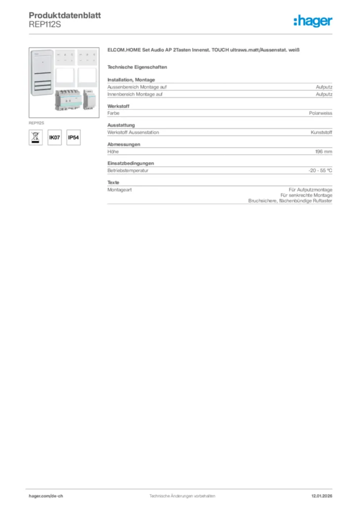 Bild Hager Produktdatenblatt REP112S | Hager Schweiz