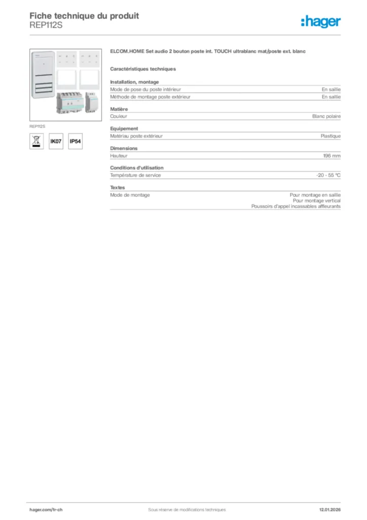 Image Hager Fiche technique du produit REP112S | Hager Suisse
