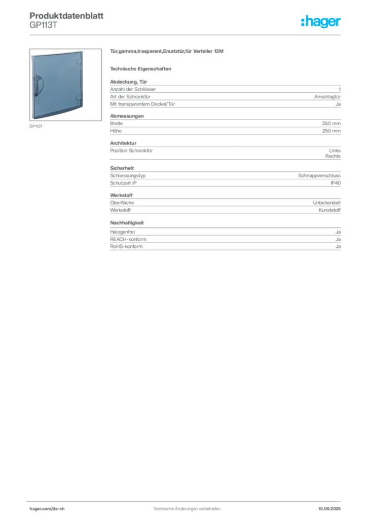 Bild Hager Produktdatenblatt GP113T | Hager Schweiz