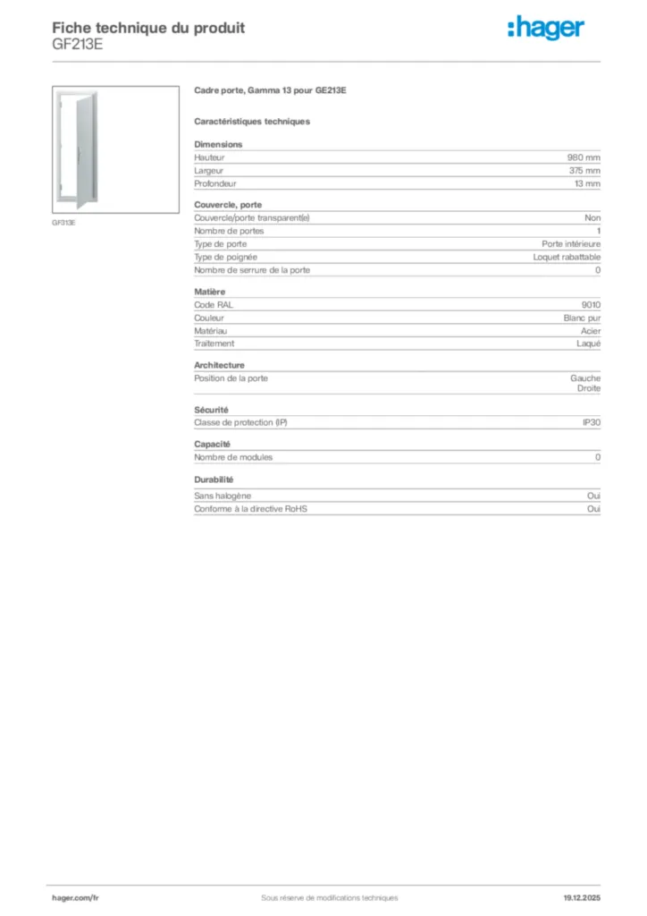 Image Hager Fiche technique du produit GF213E | Hager France
