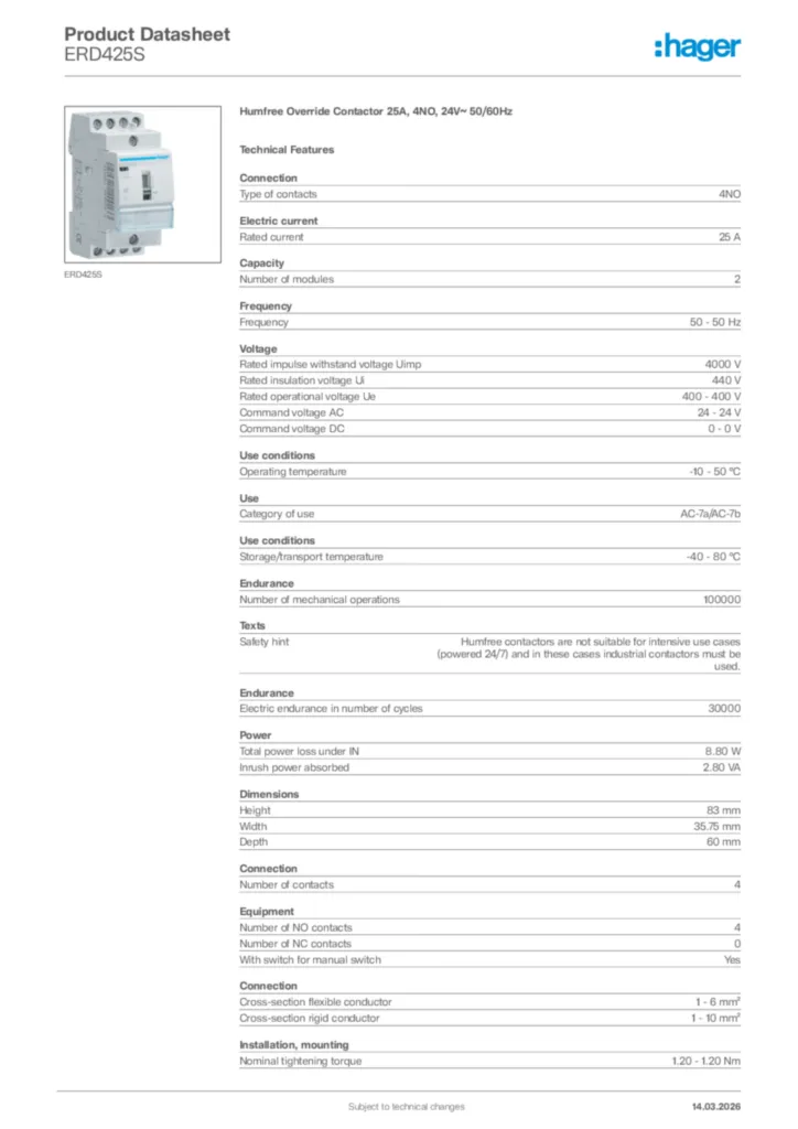 Image Hager Product data sheet ERD425S  | Hager Africa
