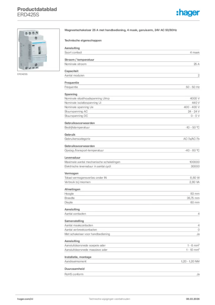 Afbeelding Hager Productdatablad ERD425S | Hager Nederland