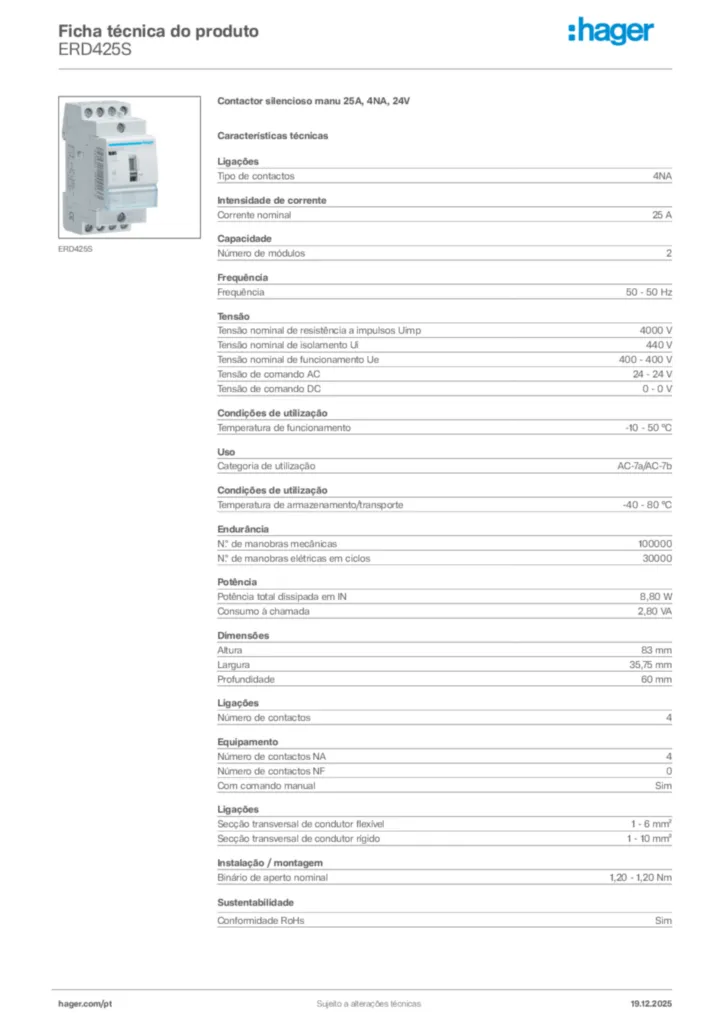 Imagem Hager Ficha técnica do produto ERD425S | Hager Portugal