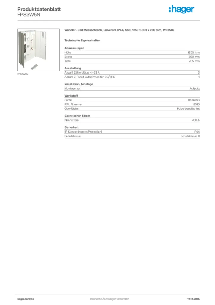 Bild Hager Produktdatenblatt FP83W5N | Hager Deutschland