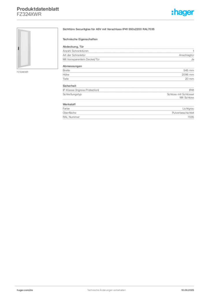 Bild Hager Produktdatenblatt FZ324XWR | Hager Deutschland