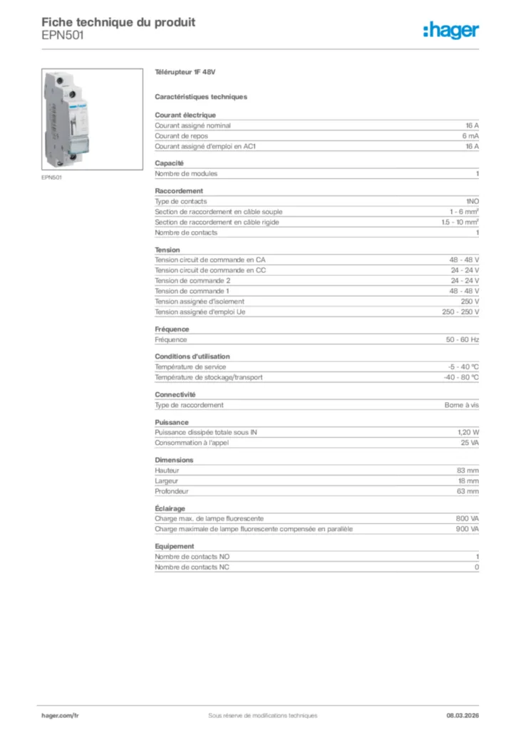 Image Hager Fiche technique du produit EPN501 | Hager France