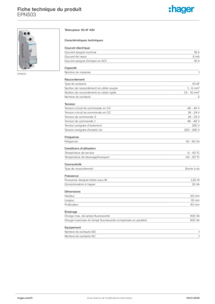 Image Hager Fiche technique du produit EPN503 | Hager France