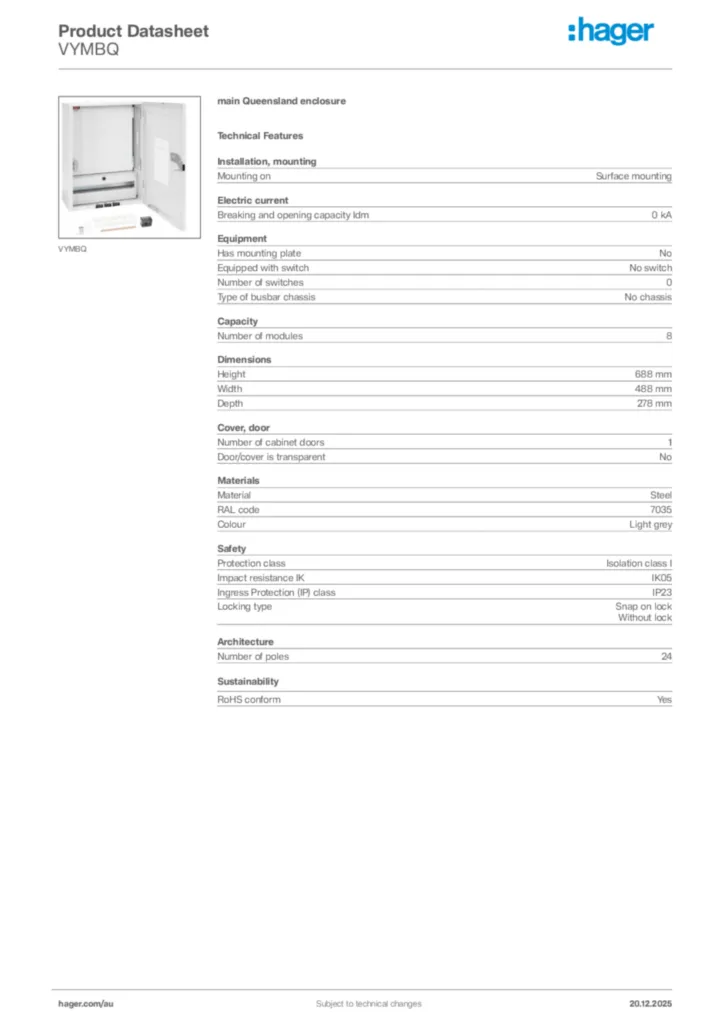 Image Hager Product data sheet VYMBQ  | Hager Australia