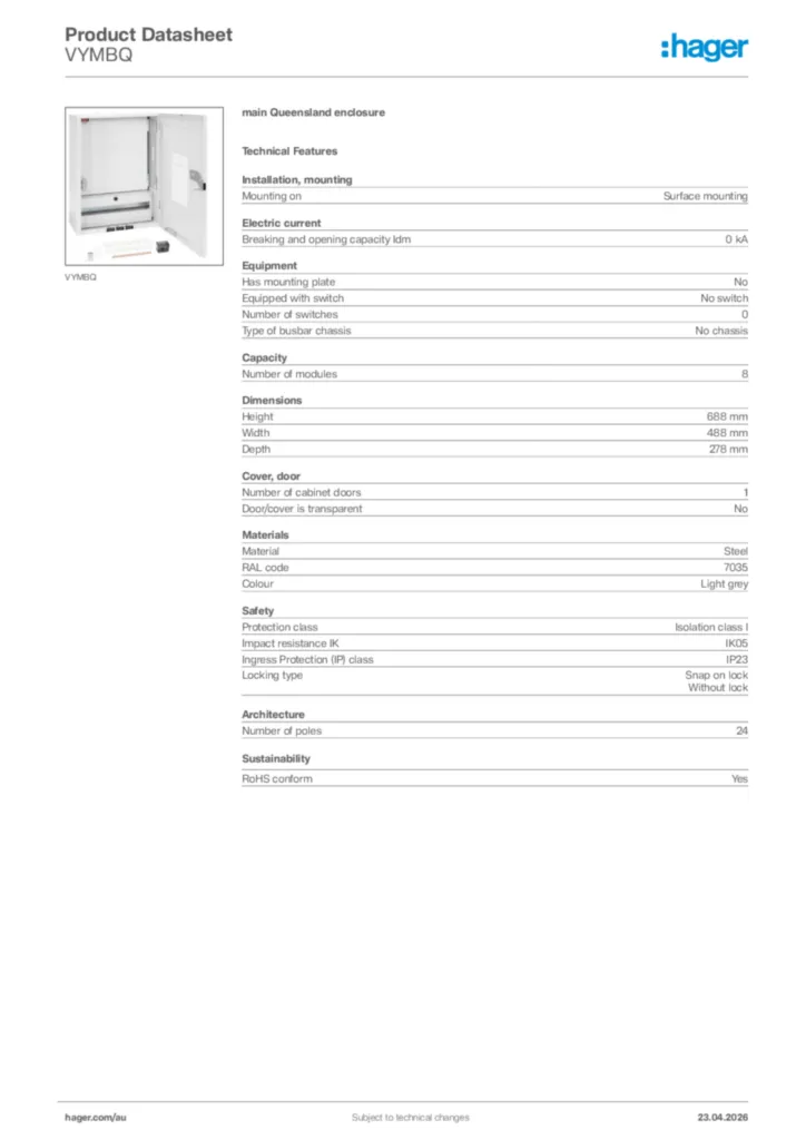 Image Hager Product data sheet VYMBQ  | Hager Australia