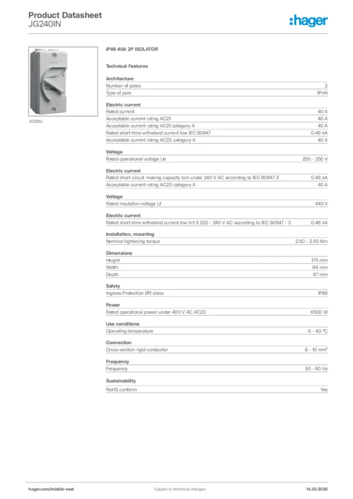 Image Hager Product data sheet JG240IN  | Hager