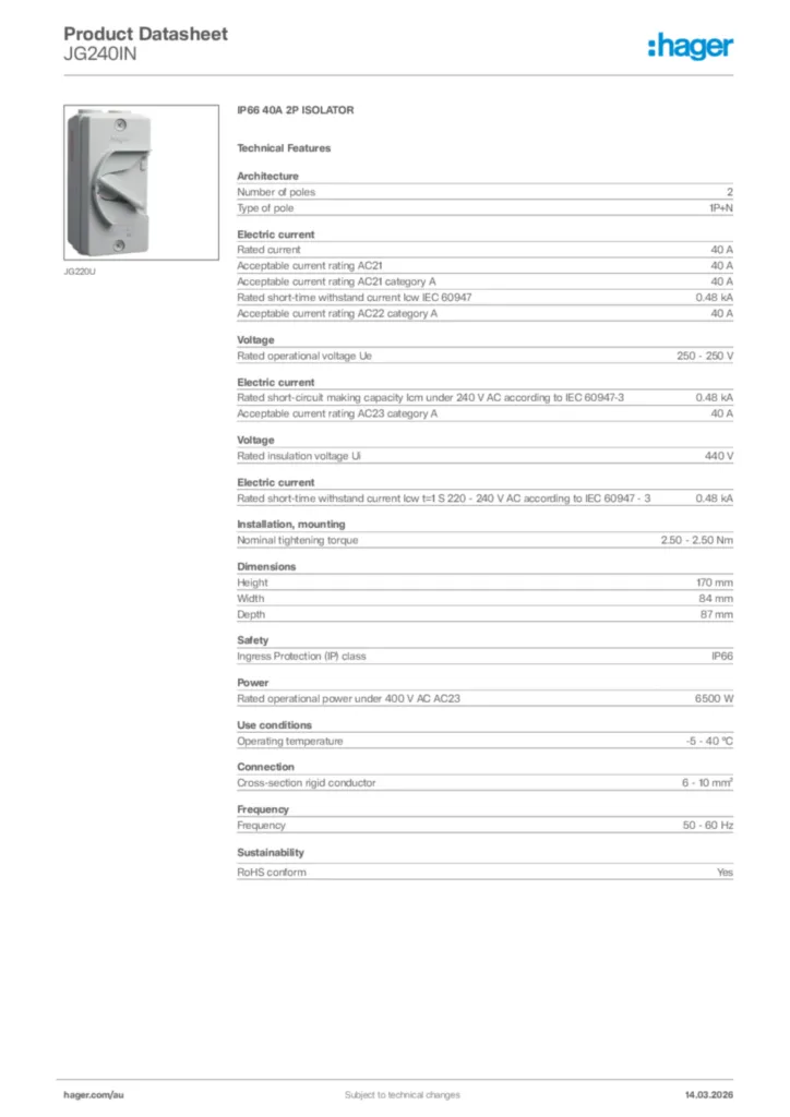 Image Hager Product data sheet JG240IN  | Hager Australia