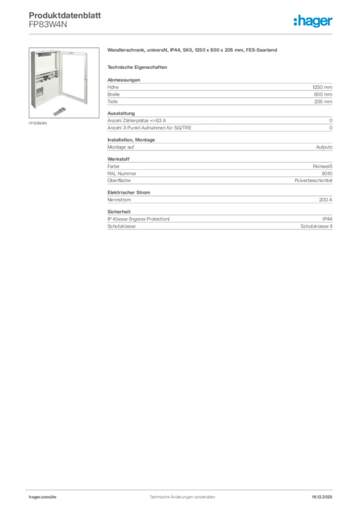 Bild Hager Produktdatenblatt FP83W4N | Hager Deutschland