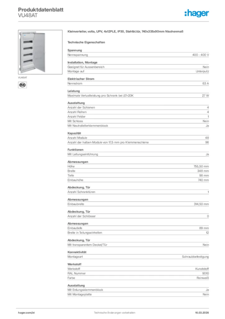 Bild Hager Produktdatenblatt VU48AT | Hager Deutschland