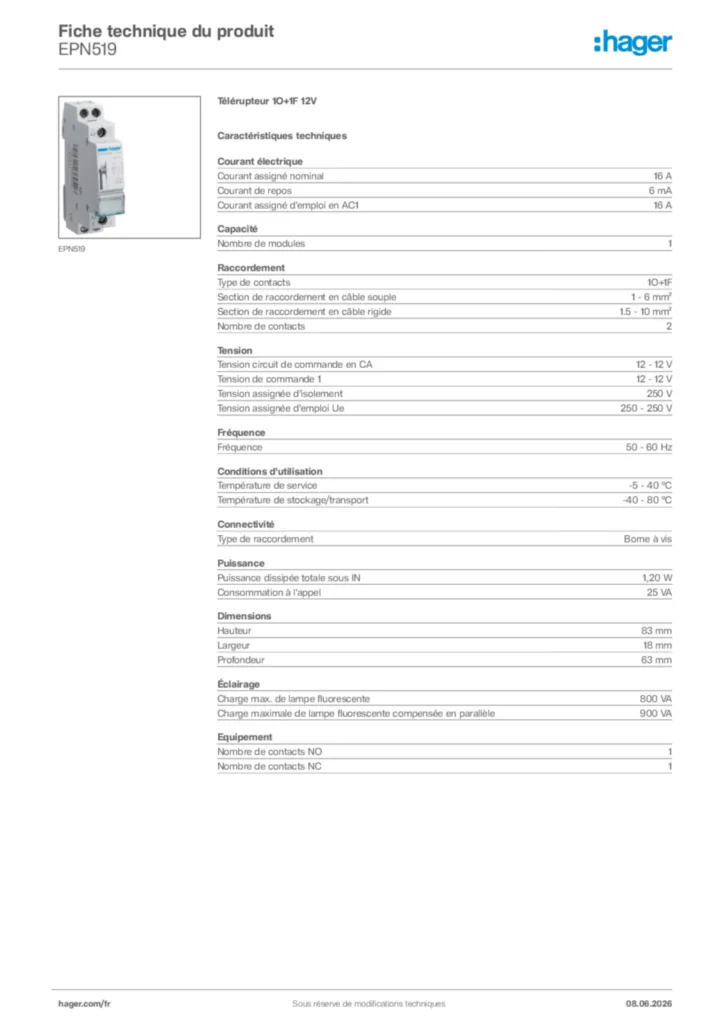 Image Hager Fiche technique du produit EPN519 | Hager France