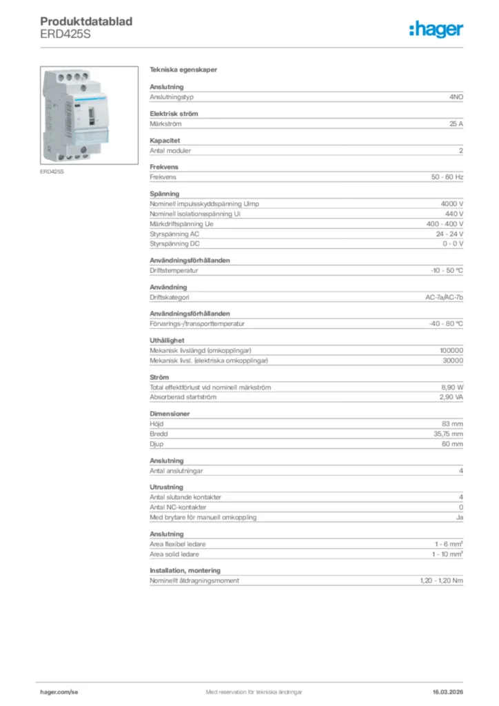 Bild Hager Produktdatablad ERD425S | Hager Sverige