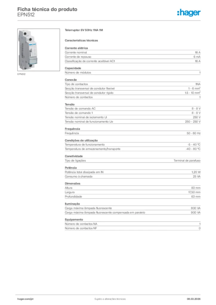Imagem Hager Ficha técnica do produto EPN512 | Hager Portugal