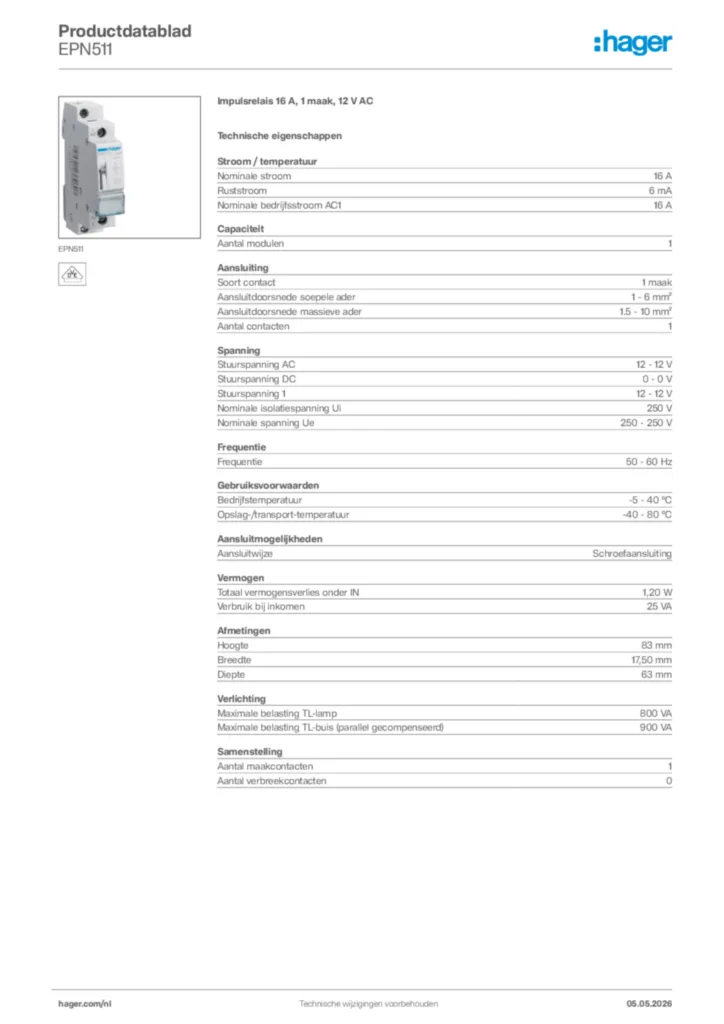 Afbeelding Hager Productdatablad EPN511 | Hager Nederland