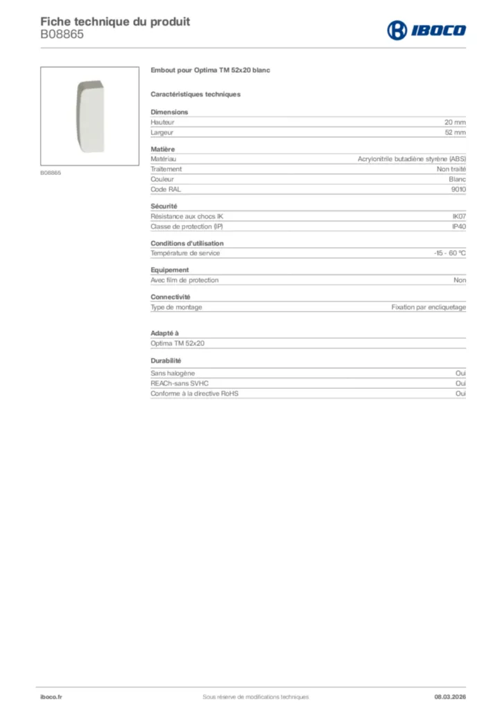 Image Iboco Fiche technique du produit B08865 | Hager France