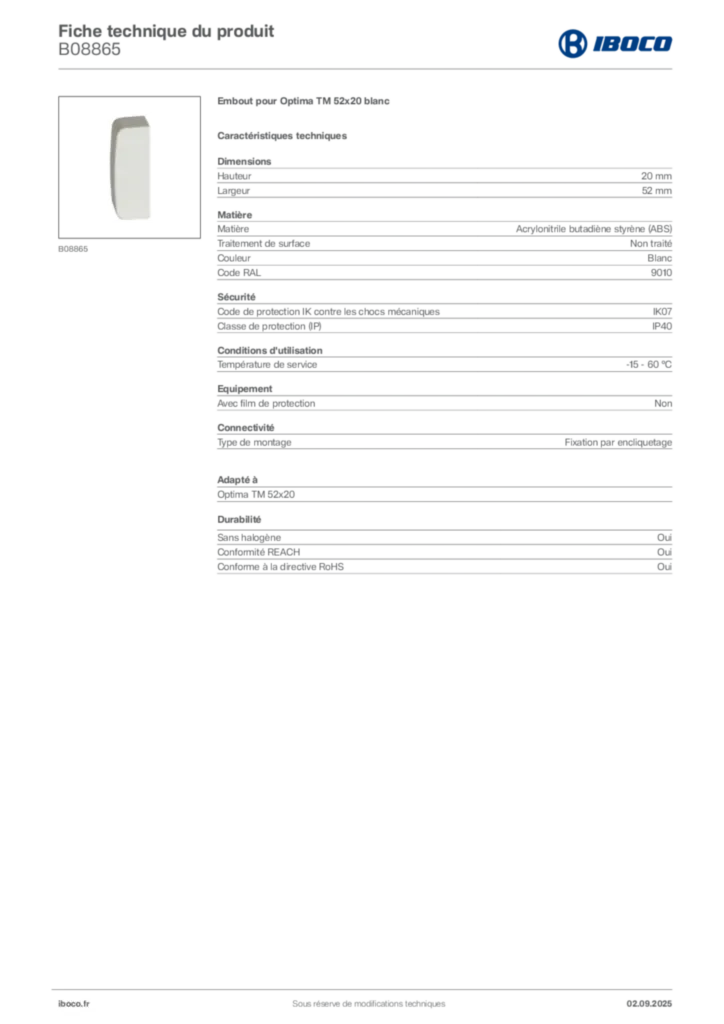 Image Iboco Fiche technique du produit B08865 | Hager France