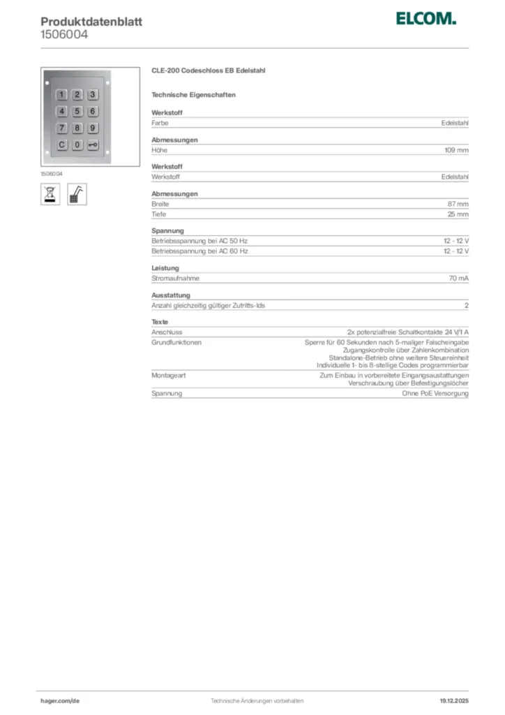 Bild Elcom Produktdatenblatt 1506004 | Hager Deutschland