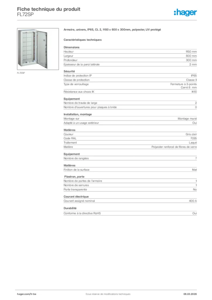 Image Hager Fiche technique du produit FL72SP | Hager Belgique