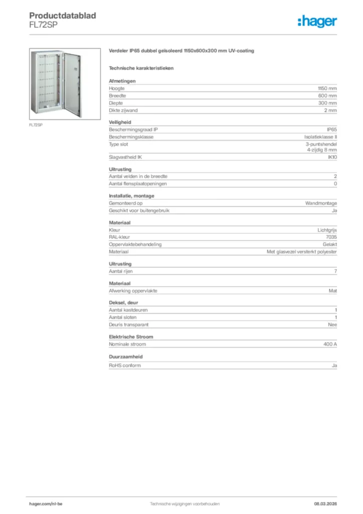 Afbeelding Hager Productdatablad FL72SP | Hager Belgium