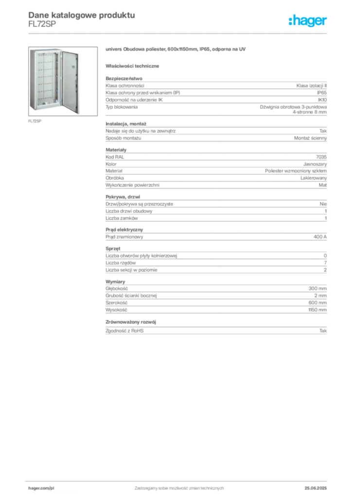 Zdjęcie Hager Karta katalogowa FL72SP | Hager Polska