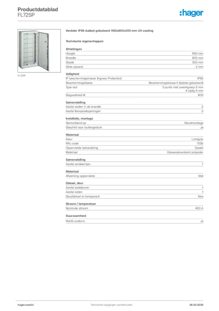 Afbeelding Hager Productdatablad FL72SP | Hager Nederland