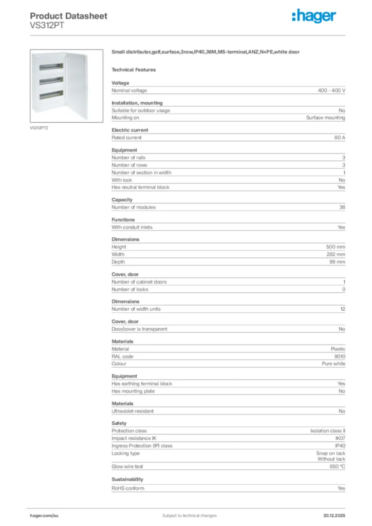 Image Hager Product data sheet VS312PT  | Hager Australia