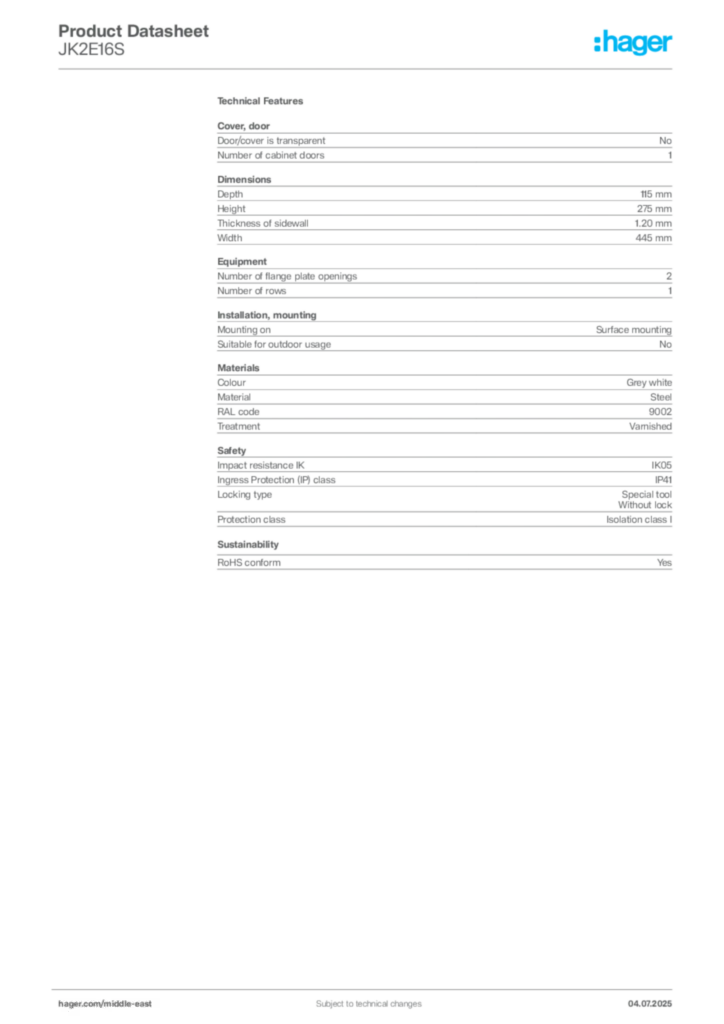 Image Hager Product data sheet JK2E16S  | Hager