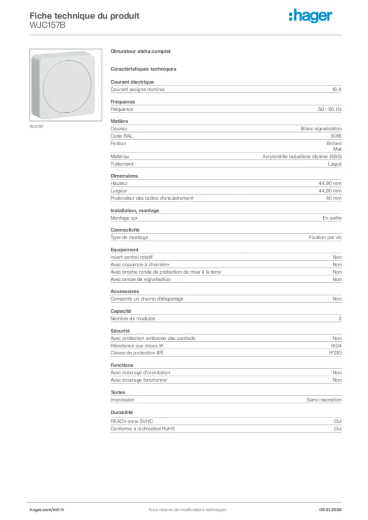 Image Hager Fiche technique du produit WJC157B | Hager Afrique