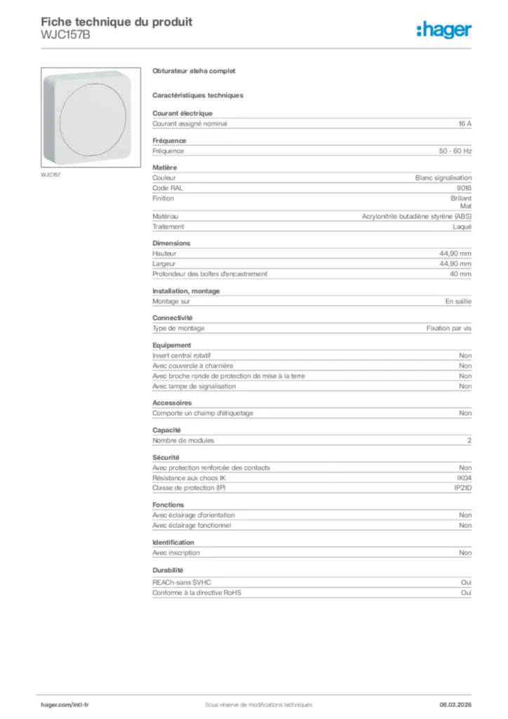 Image Hager Fiche technique du produit WJC157B | Hager Afrique