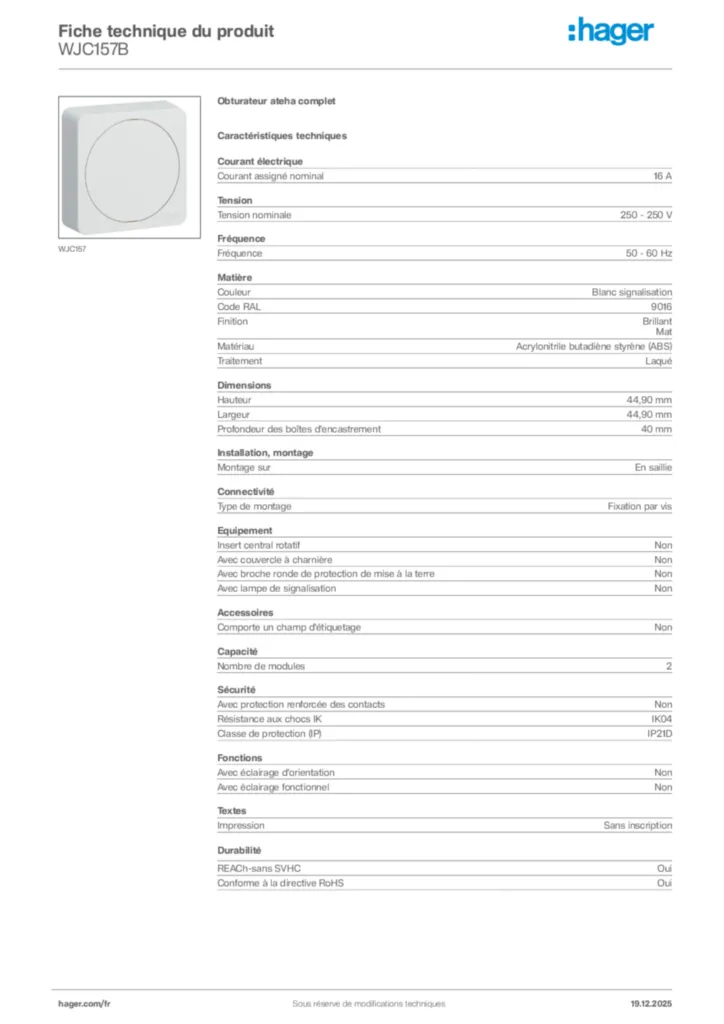 Image Hager Fiche technique du produit WJC157B | Hager France