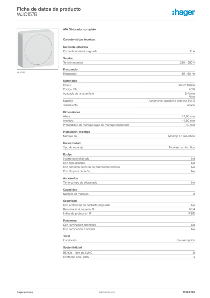 Imagen Hager Ficha de datos de producto WJC157B | Hager España