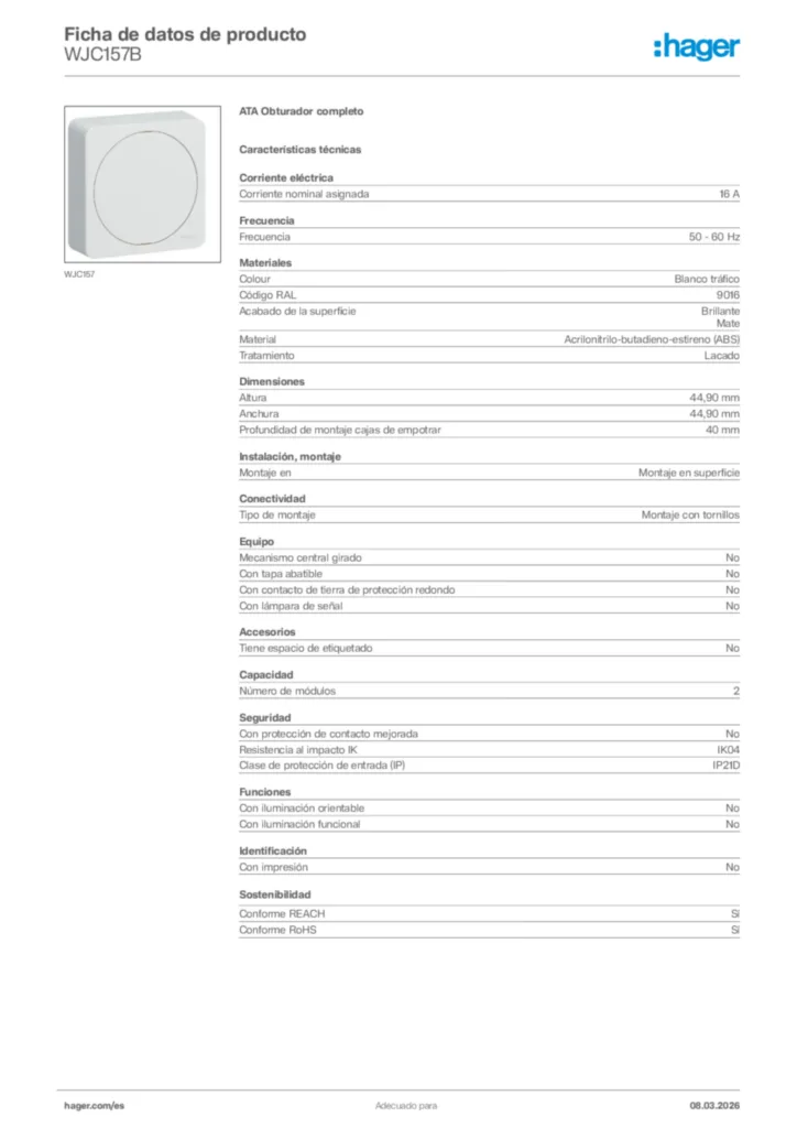 Imagen Hager Ficha de datos de producto WJC157B | Hager España