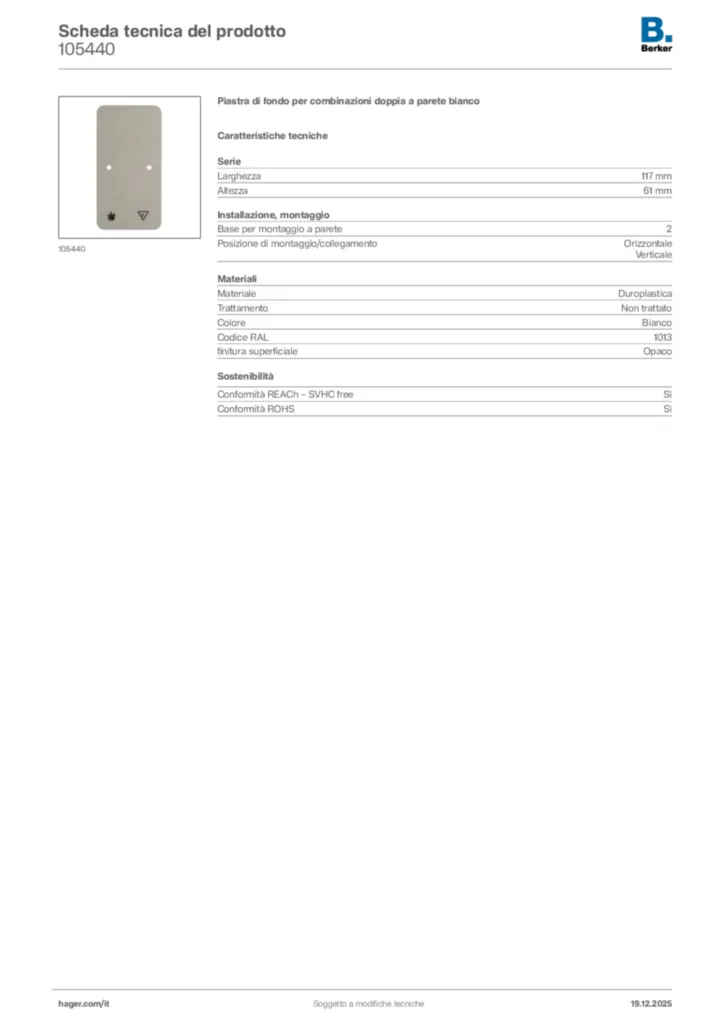 Immagine Berker Scheda tecnica del prodotto 105440 | Hager Italia