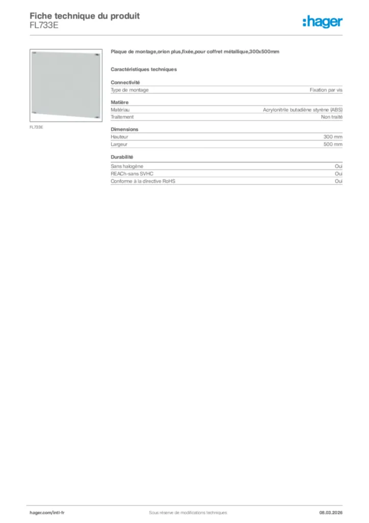 Image Hager Fiche technique du produit FL733E | Hager Afrique