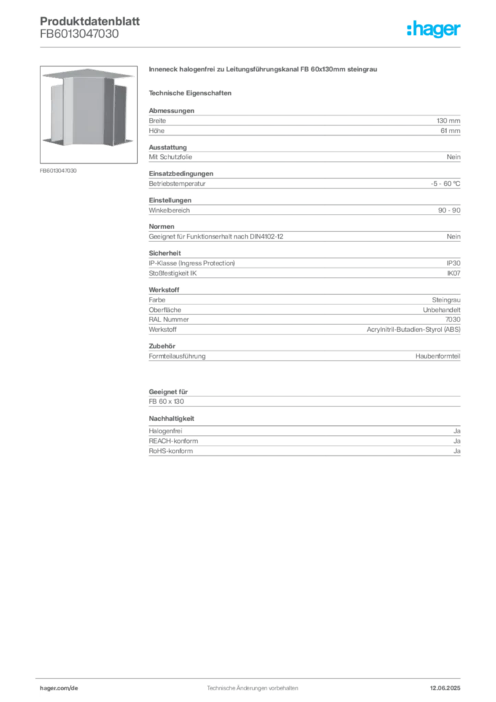 Bild Hager Produktdatenblatt FB6013047030 | Hager Deutschland
