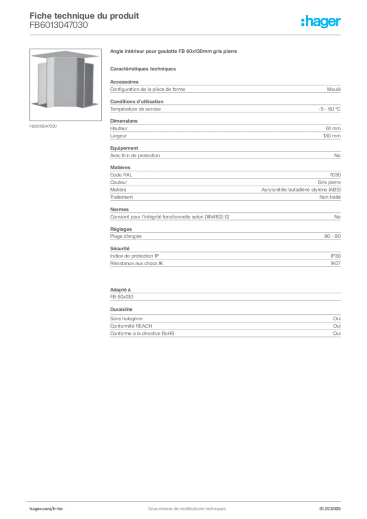 Image Hager Fiche technique du produit FB6013047030 | Hager Belgique