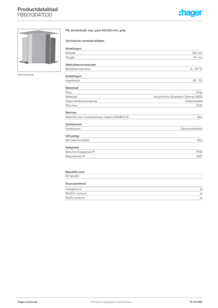 Afbeelding Hager Productdatablad FB6013047030 | Hager Belgium