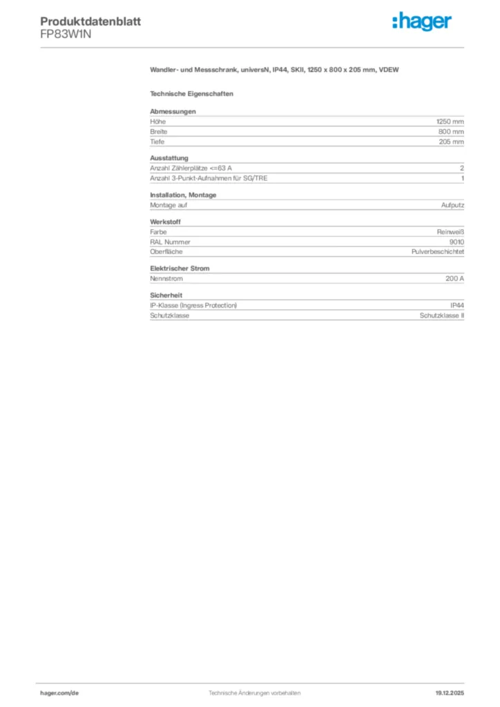 Bild Hager Produktdatenblatt FP83W1N | Hager Deutschland