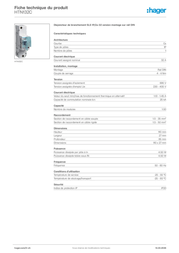 Image Hager Fiche technique du produit HTN132C | Hager Suisse