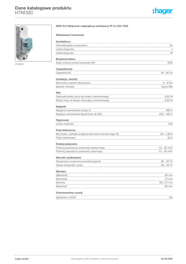 Zdjęcie Hager Karta katalogowa HTN132C | Hager Polska