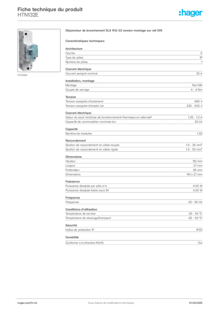 Image Hager Fiche technique du produit HTN132E | Hager Suisse