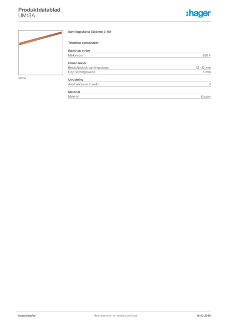Bild Hager Produktdatablad UM13A | Hager Sverige