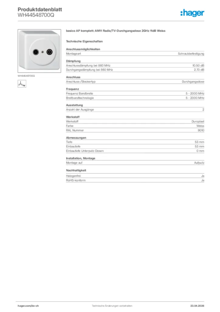Bild Hager Produktdatenblatt WH44548700Q | Hager Schweiz