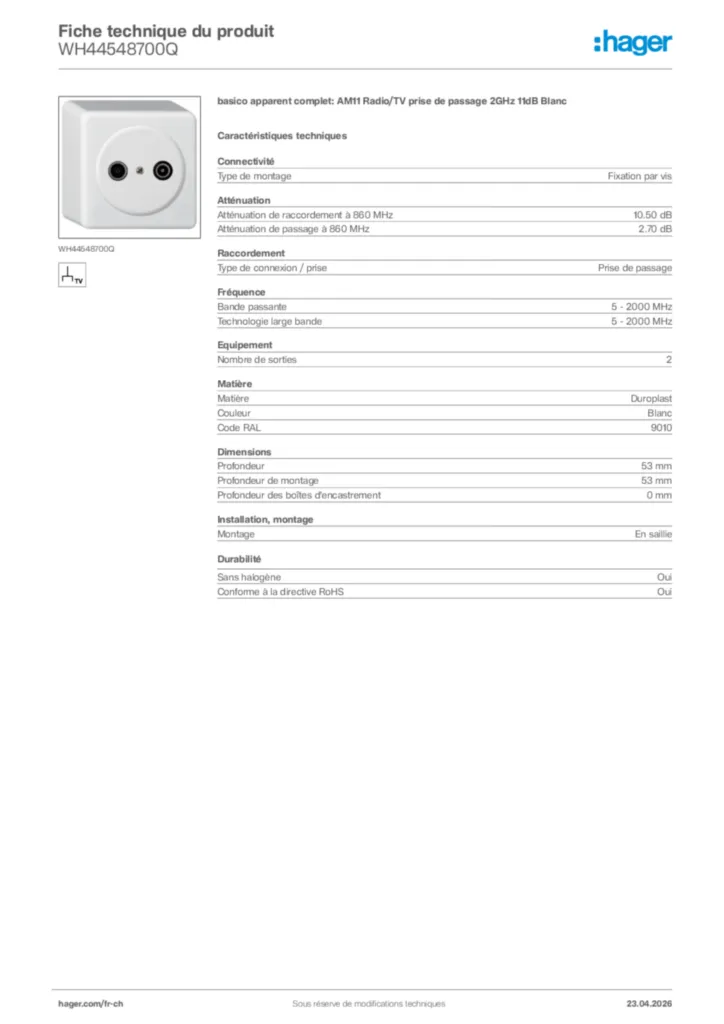 Image Hager Fiche technique du produit WH44548700Q | Hager Suisse