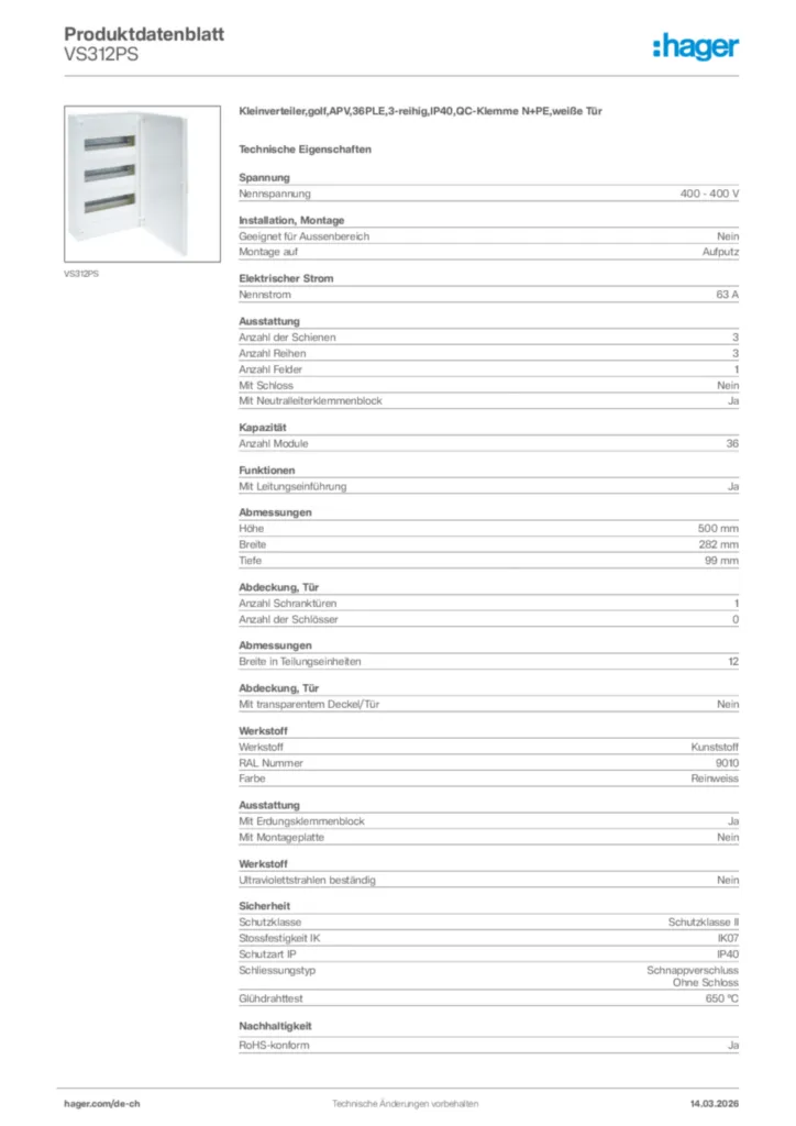 Bild Hager Produktdatenblatt VS312PS | Hager Schweiz