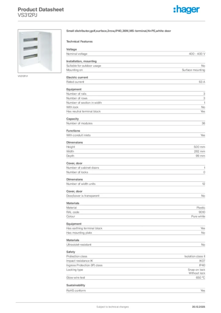 Image Hager Product data sheet VS312PJ  | Hager Africa