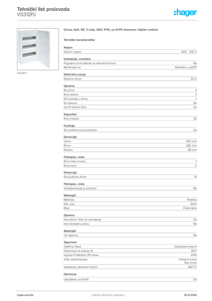 Slika Hager Product data sheet VS312PJ  | Hager